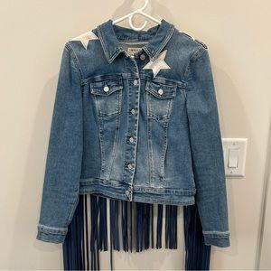 Idyllwind Women’s Jean jacket w/ white stars and blue fringe - size Medium